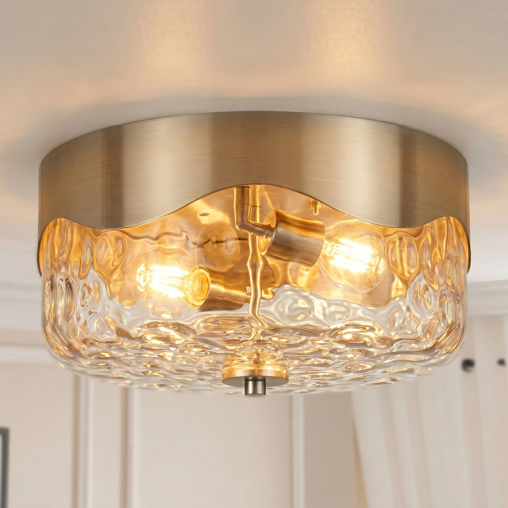 13''-2 Lights Matte Black Modern Water Ripple Glass Drum Dimmable Swivel Lamp Head Flush Mount Lighting For Bedroom/Hallway #29043