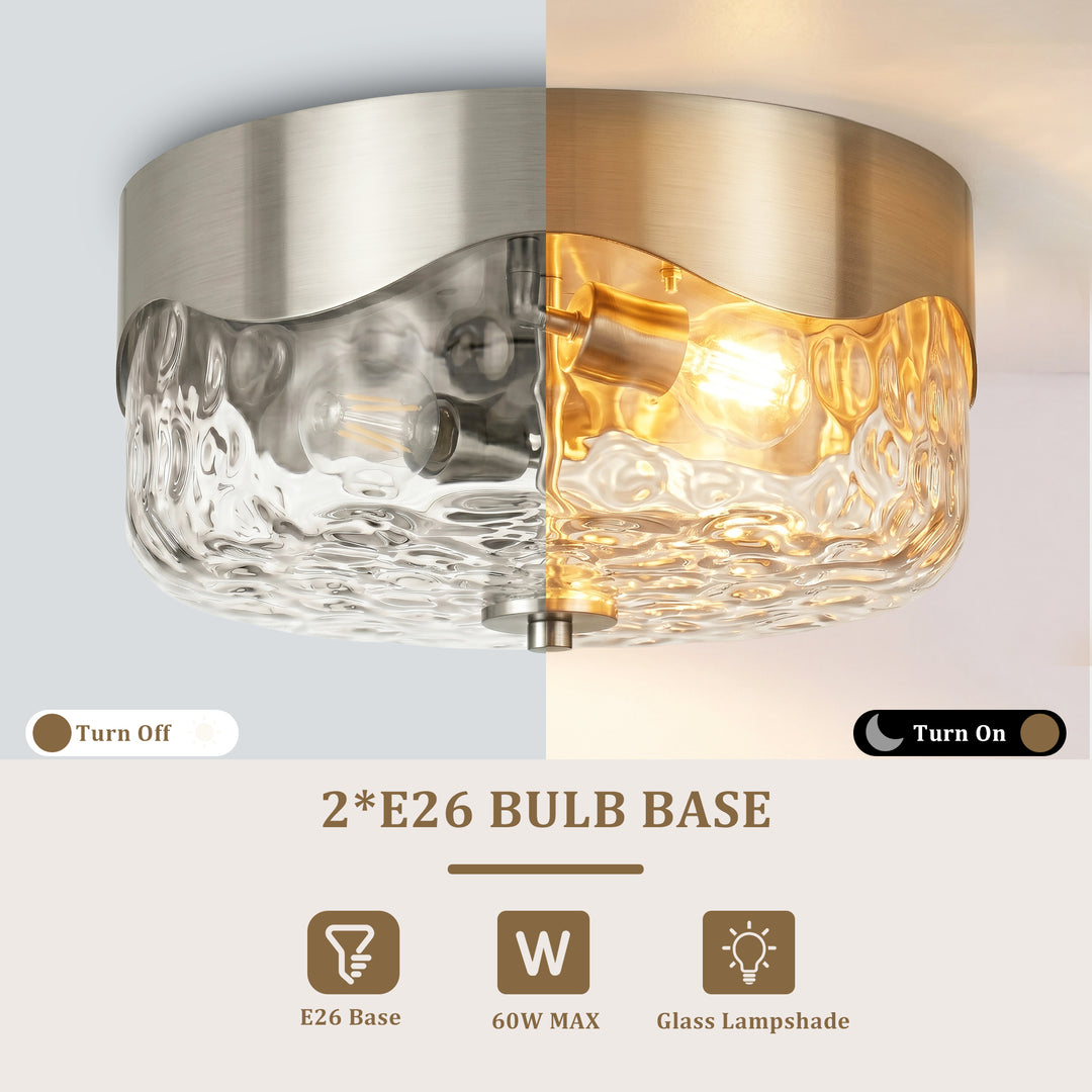 13''-2 Lights Matte Black Modern Water Ripple Glass Drum Dimmable Swivel Lamp Head Flush Mount Lighting For Bedroom/Hallway #29043