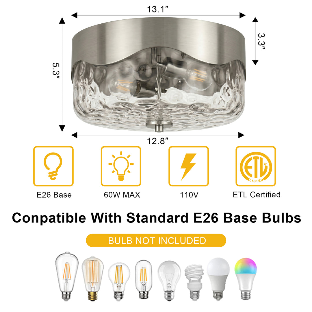 13''-2 Lights Matte Black Modern Water Ripple Glass Drum Dimmable Swivel Lamp Head Flush Mount Lighting For Bedroom/Hallway #29043