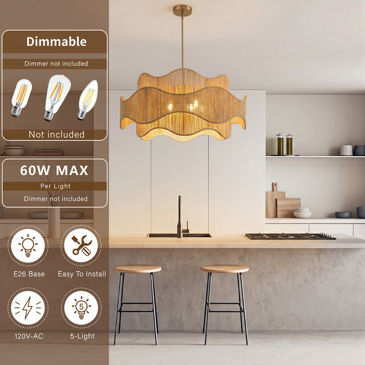 Shine 5 - Light 28" Hand-Woven Rattan Boho/Modern Farmhouse Drum Chandelier With Polished Brass Finish For Dining Room Or Bedroom #29040