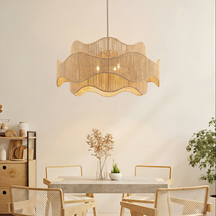 Shine 5 - Light 28" Hand-Woven Rattan Boho/Modern Farmhouse Drum Chandelier With Polished Brass Finish For Dining Room Or Bedroom #29040