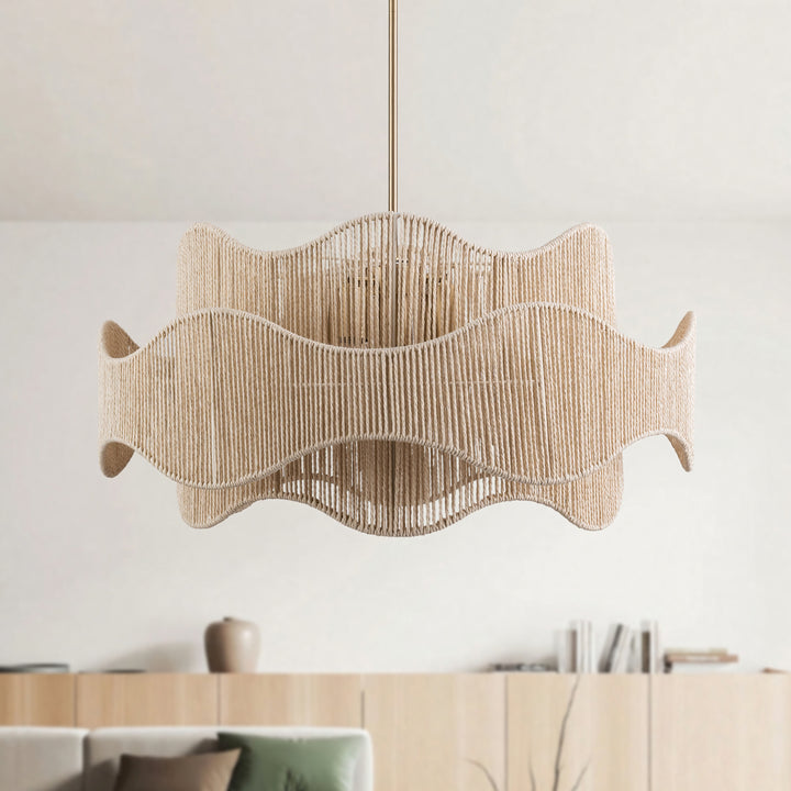 Shine 5 - Light 28" Hand-Woven Rattan Boho/Modern Farmhouse Drum Chandelier With Polished Brass Finish For Dining Room Or Bedroom #29040