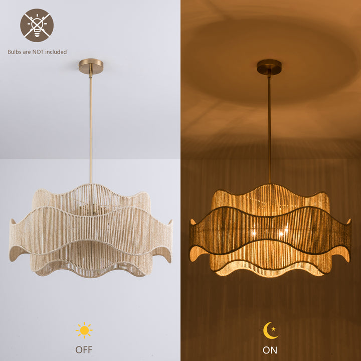 Shine 5 - Light 28" Hand-Woven Rattan Boho/Modern Farmhouse Drum Chandelier With Polished Brass Finish For Dining Room Or Bedroom #29040