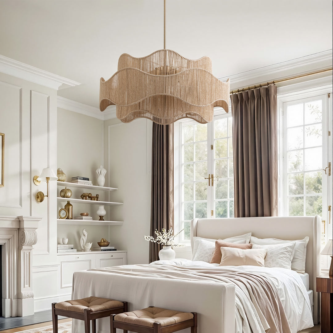 Shine 5 - Light 28" Hand-Woven Rattan Boho/Modern Farmhouse Drum Chandelier With Polished Brass Finish For Dining Room Or Bedroom #29040