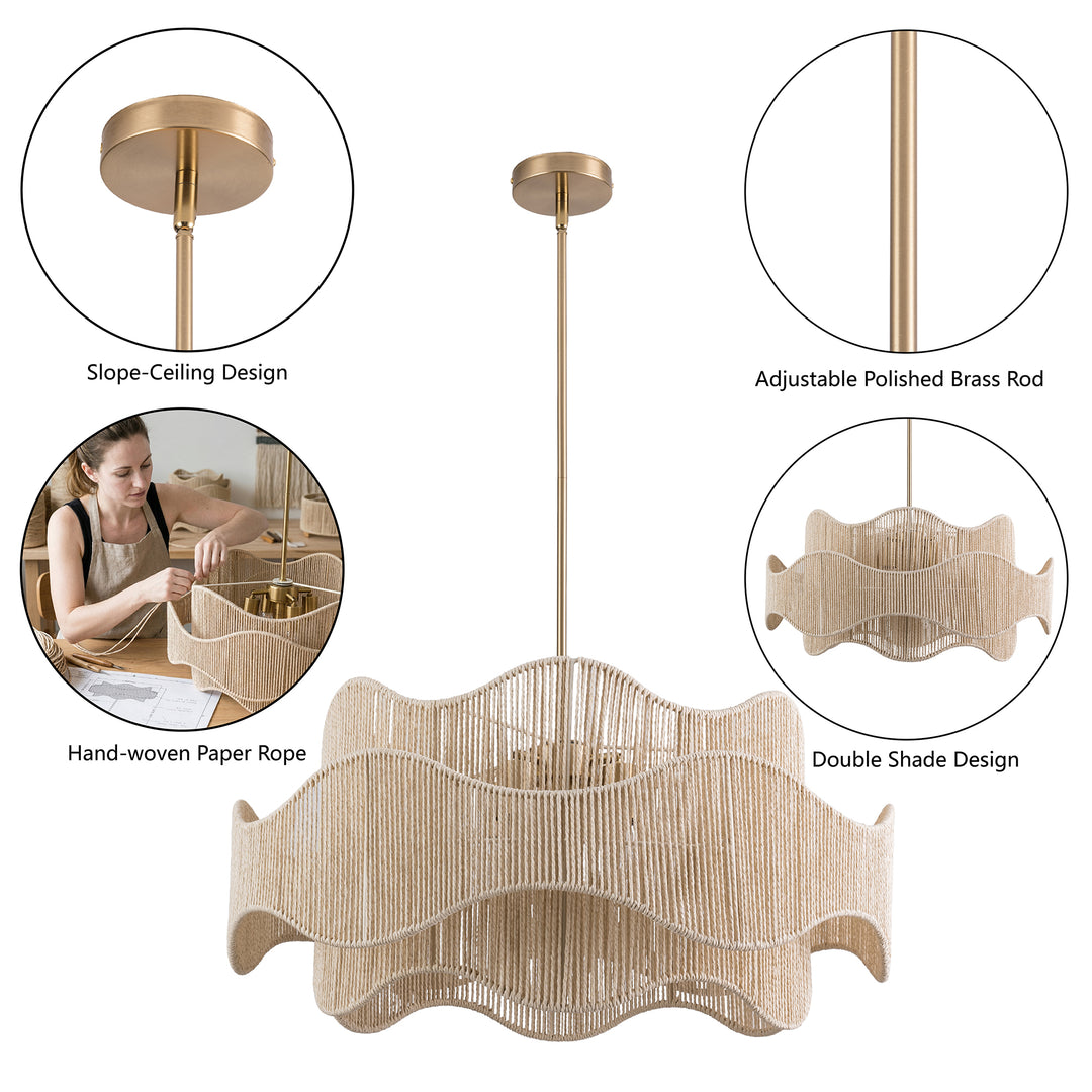 Shine 5 - Light 28" Hand-Woven Rattan Boho/Modern Farmhouse Drum Chandelier With Polished Brass Finish For Dining Room Or Bedroom #29040