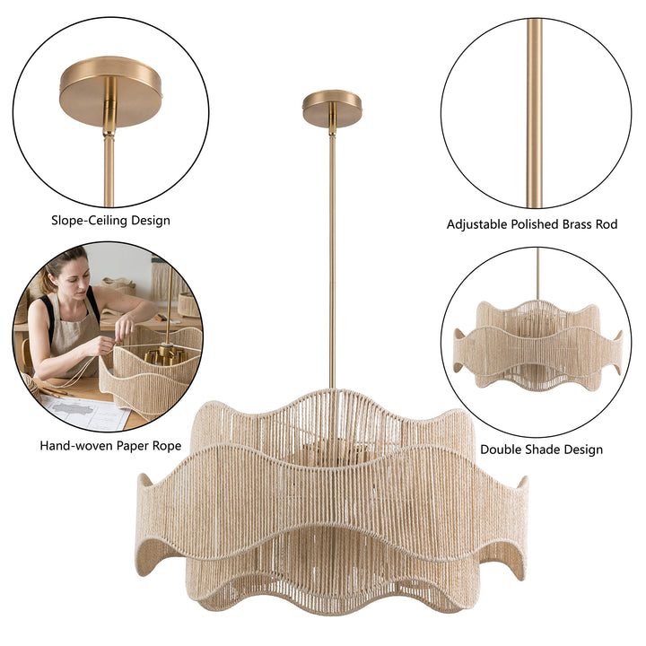 Shine 5 - Light 28" Hand-Woven Rattan Boho/Modern Farmhouse Drum Chandelier With Polished Brass Finish For Dining Room Or Bedroom #29040