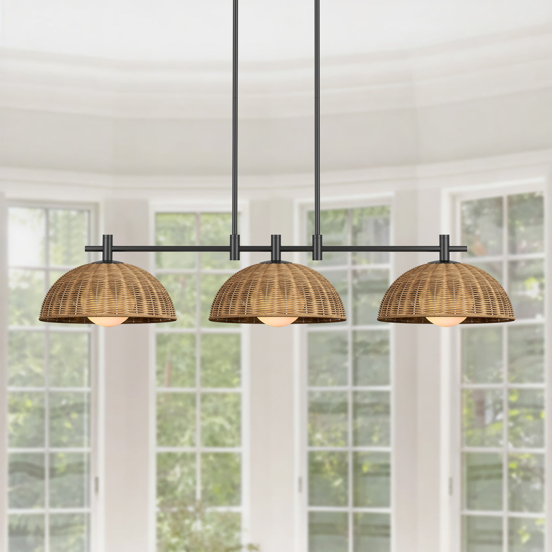 Radiant 3-light 41"w Black Modern Dome Linear Pendant With Hand-woven Rattan Lampshade For Dining Room Or Kitchen Island #29041