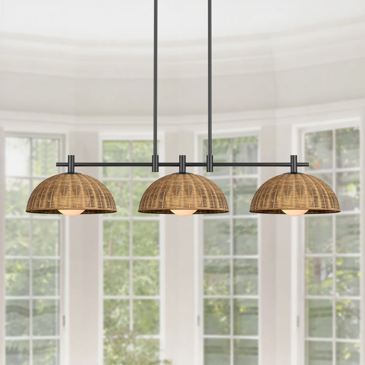 Radiant 3-light 41"w Black Modern Dome Linear Pendant With Hand-woven Rattan Lampshade For Dining Room Or Kitchen Island #29041
