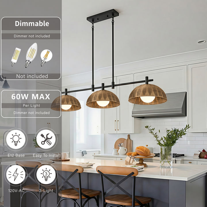 Radiant 3-light 41"w Black Modern Dome Linear Pendant With Hand-woven Rattan Lampshade For Dining Room Or Kitchen Island #29041