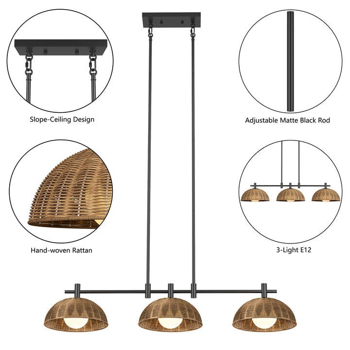 Radiant 3-light 41"w Black Modern Dome Linear Pendant With Hand-woven Rattan Lampshade For Dining Room Or Kitchen Island #29041