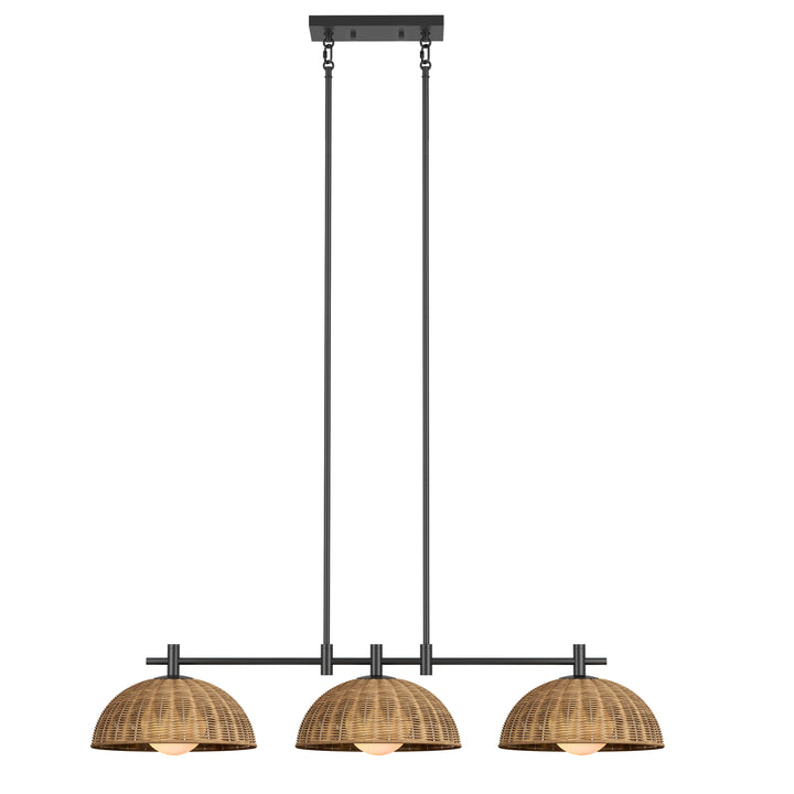 Radiant 3-light 41"w Black Modern Dome Linear Pendant With Hand-woven Rattan Lampshade For Dining Room Or Kitchen Island #29041
