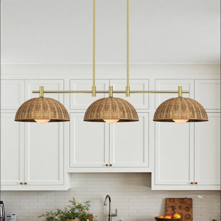 Radiant 3-light 41"w Black Modern Dome Linear Pendant With Hand-woven Rattan Lampshade For Dining Room Or Kitchen Island #29041