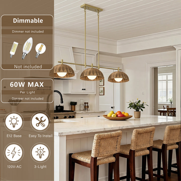 Radiant 3-light 41"w Black Modern Dome Linear Pendant With Hand-woven Rattan Lampshade For Dining Room Or Kitchen Island #29041