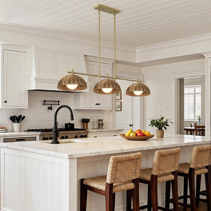 Radiant 3-light 41"w Black Modern Dome Linear Pendant With Hand-woven Rattan Lampshade For Dining Room Or Kitchen Island #29041