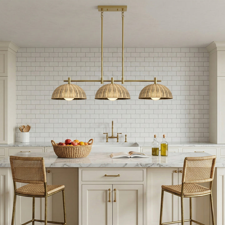 Radiant 3-light 41"w Black Modern Dome Linear Pendant With Hand-woven Rattan Lampshade For Dining Room Or Kitchen Island #29041