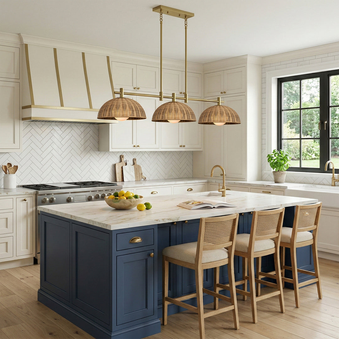 Radiant 3-light 41"w Black Modern Dome Linear Pendant With Hand-woven Rattan Lampshade For Dining Room Or Kitchen Island #29041