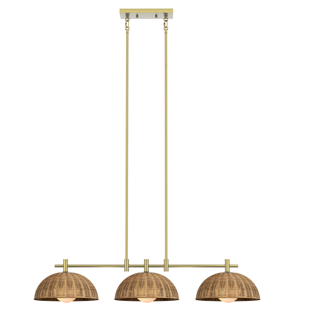 Radiant 3-light 41"w Black Modern Dome Linear Pendant With Hand-woven Rattan Lampshade For Dining Room Or Kitchen Island #29041