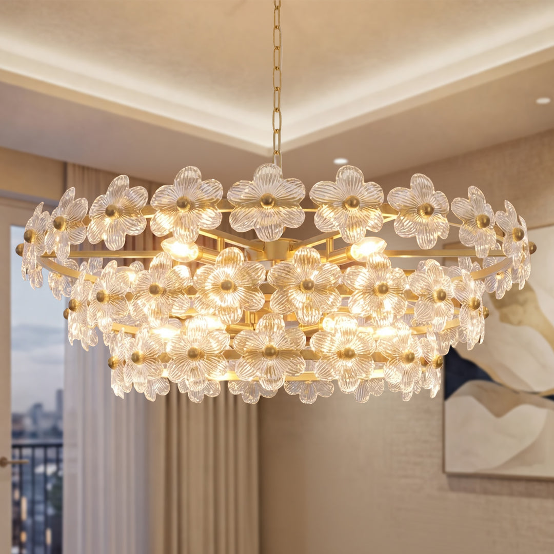 Element 12-light 32"w Modern Tiered Polished Brass Chandelier With Petal Glass For Dining Room Or Living Room #29042