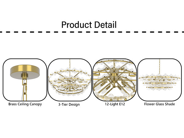 Element 12-light 32"w Modern Tiered Polished Brass Chandelier With Petal Glass For Dining Room Or Living Room #29042
