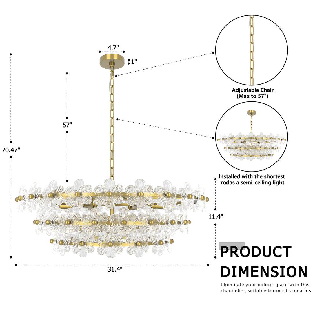 Element 12-light 32"w Modern Tiered Polished Brass Chandelier With Petal Glass For Dining Room Or Living Room #29042