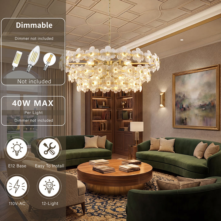 Element 12-light 32"w Modern Tiered Polished Brass Chandelier With Petal Glass For Dining Room Or Living Room #29042
