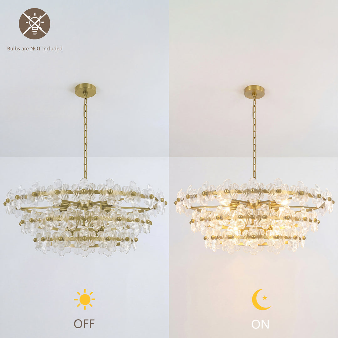Element 12-light 32"w Modern Tiered Polished Brass Chandelier With Petal Glass For Dining Room Or Living Room #29042