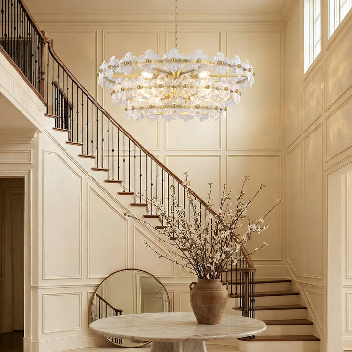 Element 12-light 32"w Modern Tiered Polished Brass Chandelier With Petal Glass For Dining Room Or Living Room #29042