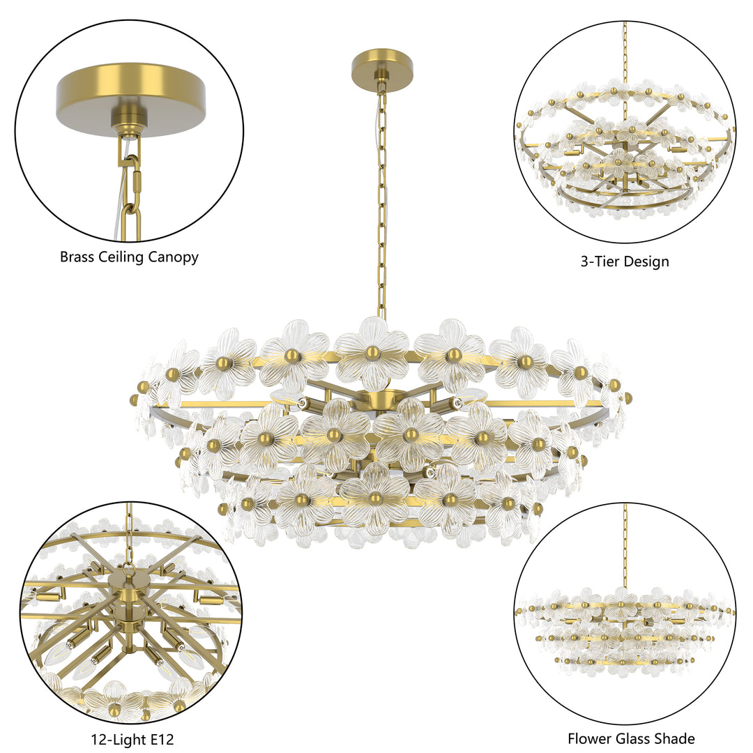 Element 12-light 32"w Modern Tiered Polished Brass Chandelier With Petal Glass For Dining Room Or Living Room #29042