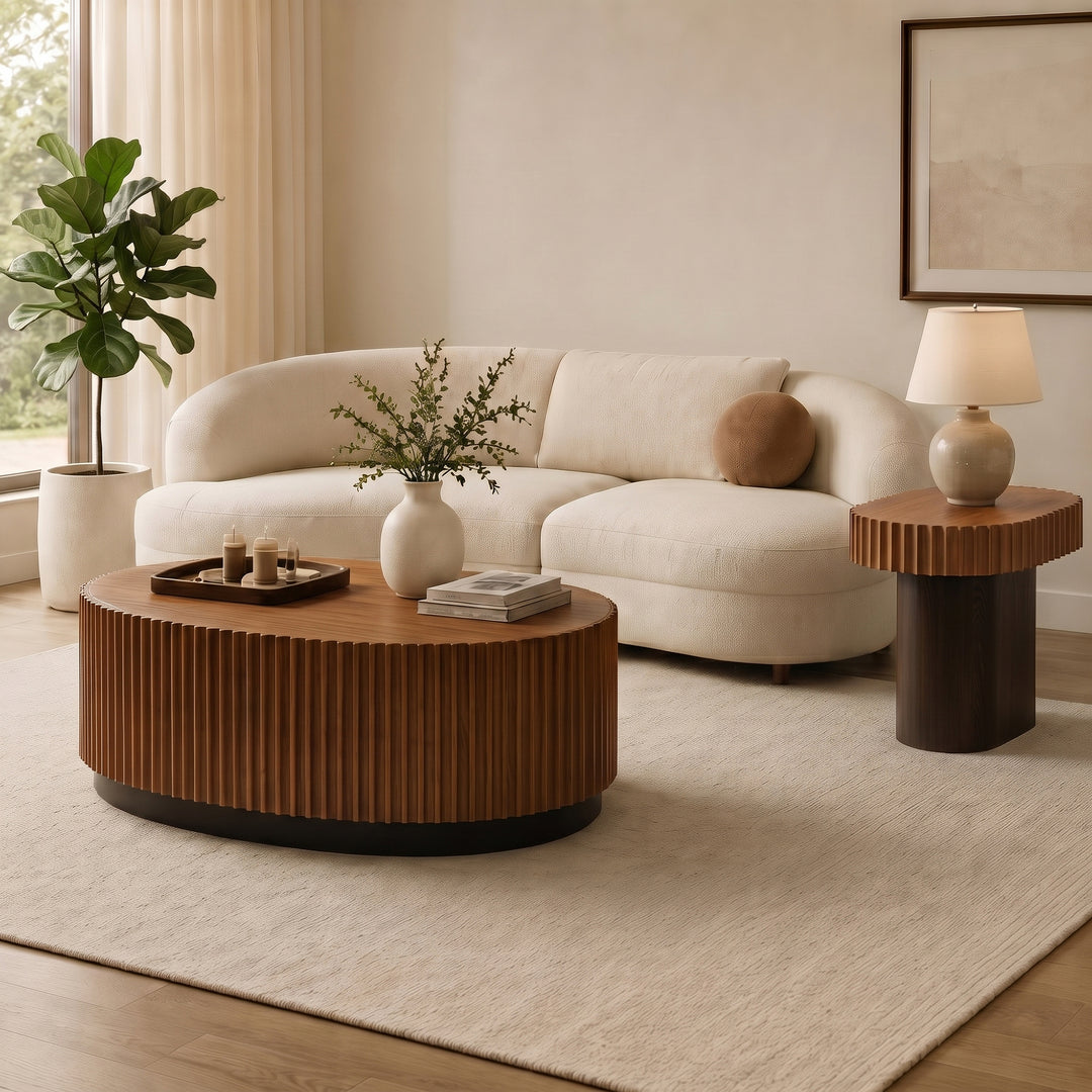 Timeless 2-Piece Mid-Century Modern Coffee Table Set with Oval Drum Coffee Table & Round Pedestal Side Table, Walnut Brown #25037