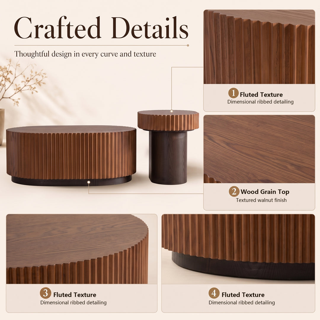 Timeless 2-Piece Mid-Century Modern Coffee Table Set with Oval Drum Coffee Table & Round Pedestal Side Table, Walnut Brown #25037