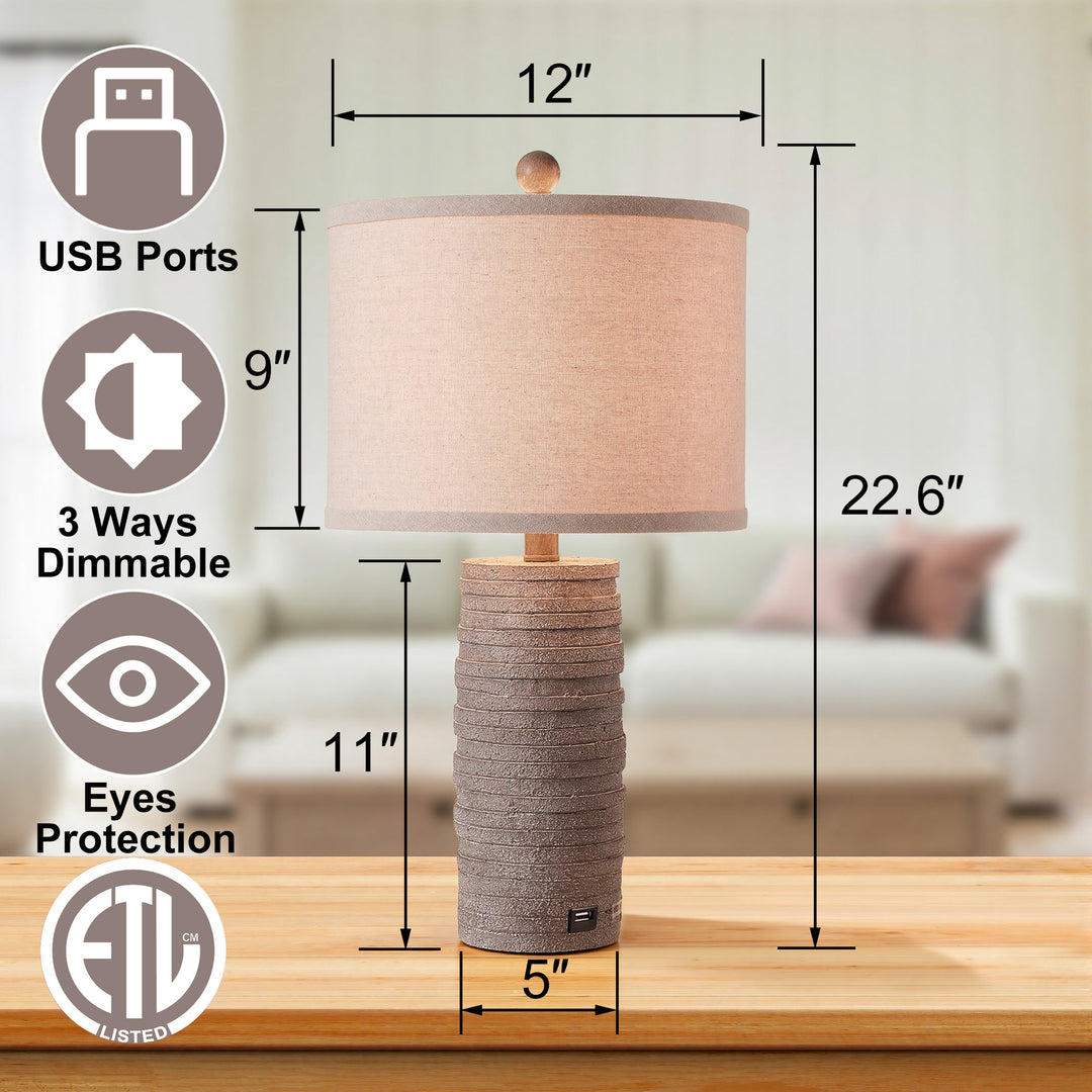 Maxax 23" Farmhouse Table Lamps Set of 2 with USB Ports, 3-Way Dimmable Resin Bedside Lamps for Living Room, Nightstand, Bedroom #T188