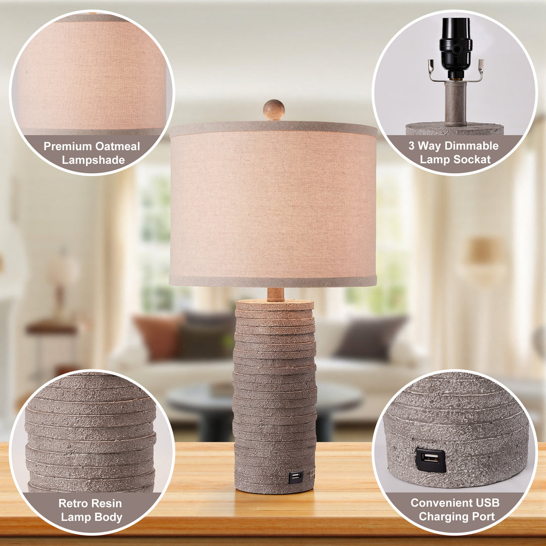 Maxax 23" Farmhouse Table Lamps Set of 2 with USB Ports, 3-Way Dimmable Resin Bedside Lamps for Living Room, Nightstand, Bedroom #T188