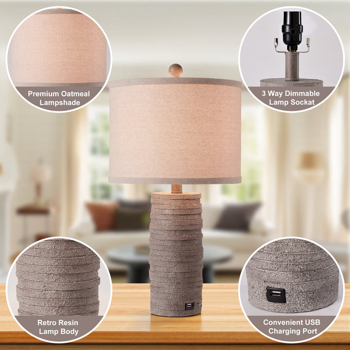 Maxax 23" Farmhouse Table Lamps Set of 2 with USB Ports, 3-Way Dimmable Resin Bedside Lamps for Living Room, Nightstand, Bedroom #T188