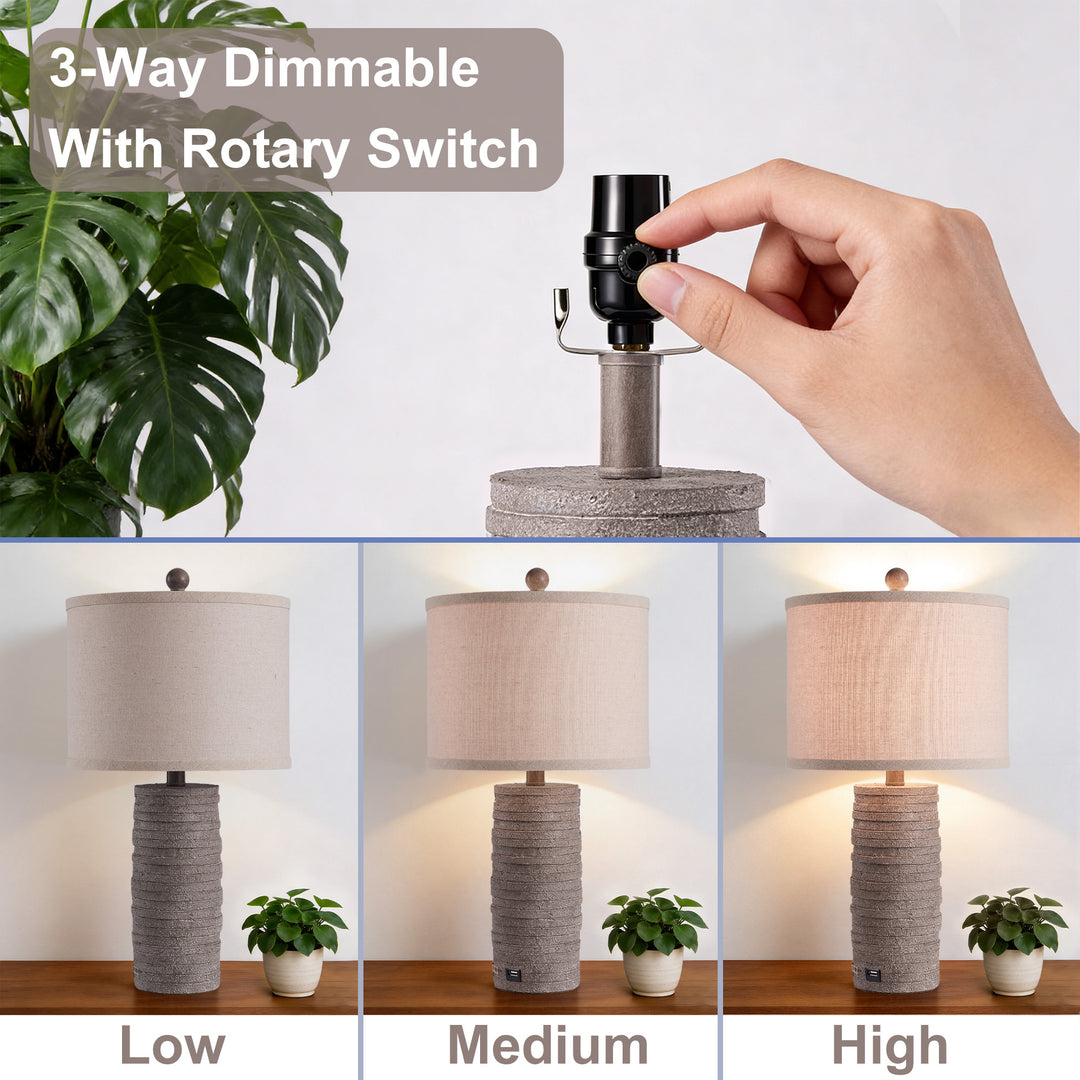 Maxax 23" Farmhouse Table Lamps Set of 2 with USB Ports, 3-Way Dimmable Resin Bedside Lamps for Living Room, Nightstand, Bedroom #T188