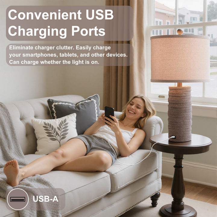 Maxax 23" Farmhouse Table Lamps Set of 2 with USB Ports, 3-Way Dimmable Resin Bedside Lamps for Living Room, Nightstand, Bedroom #T188