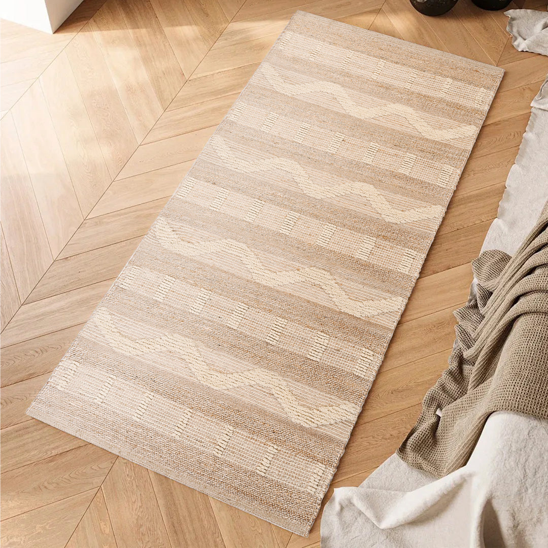 4modernhome Jute & Wool Hand Braided Natural Fibers High-Low Pile Farmhouse Style Area Rug In Off White/Natural For Dining Room, Living Room, Kitchen #DT24