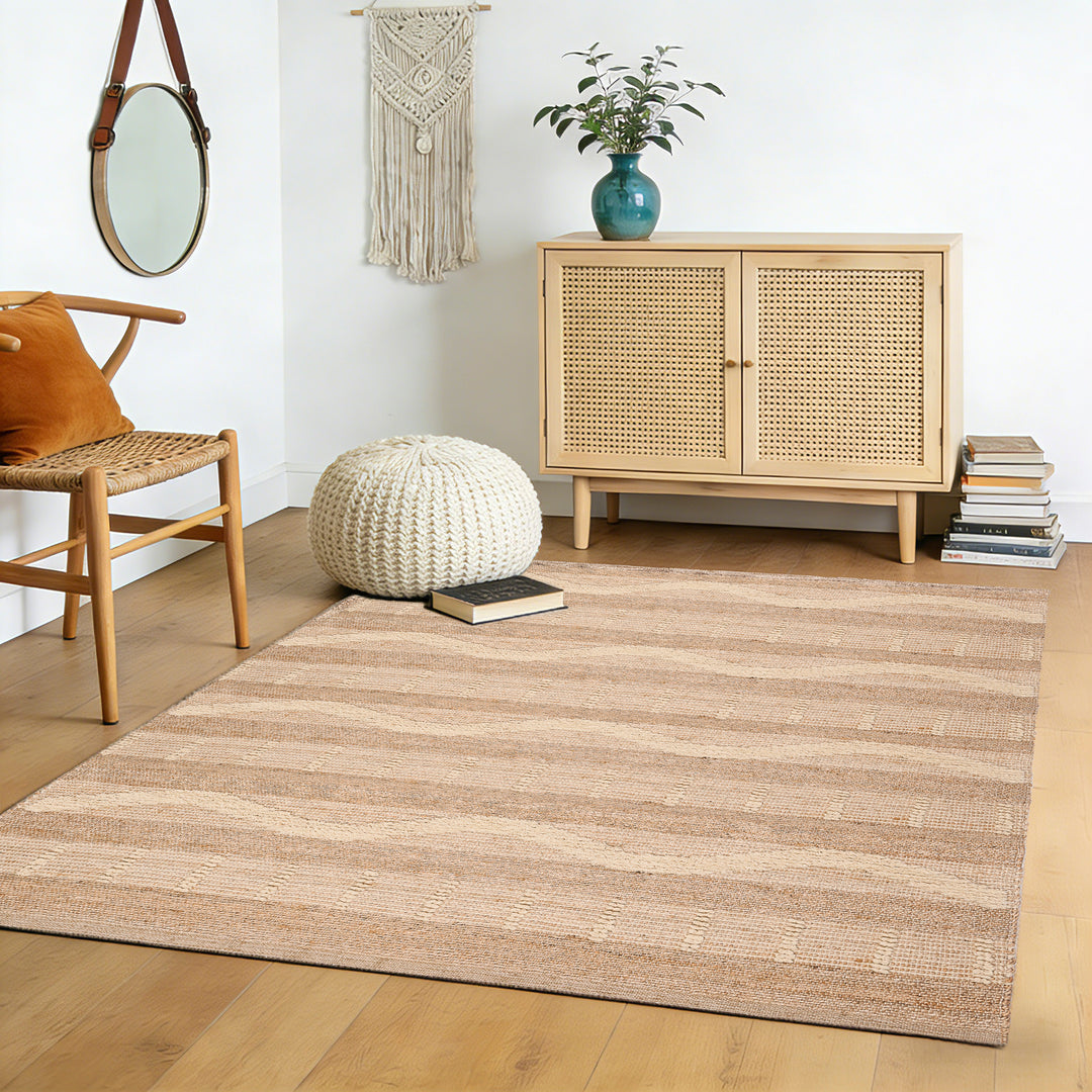 4modernhome Jute & Wool Hand Braided Natural Fibers High-Low Pile Farmhouse Style Area Rug In Off White/Natural For Dining Room, Living Room, Kitchen #DT24