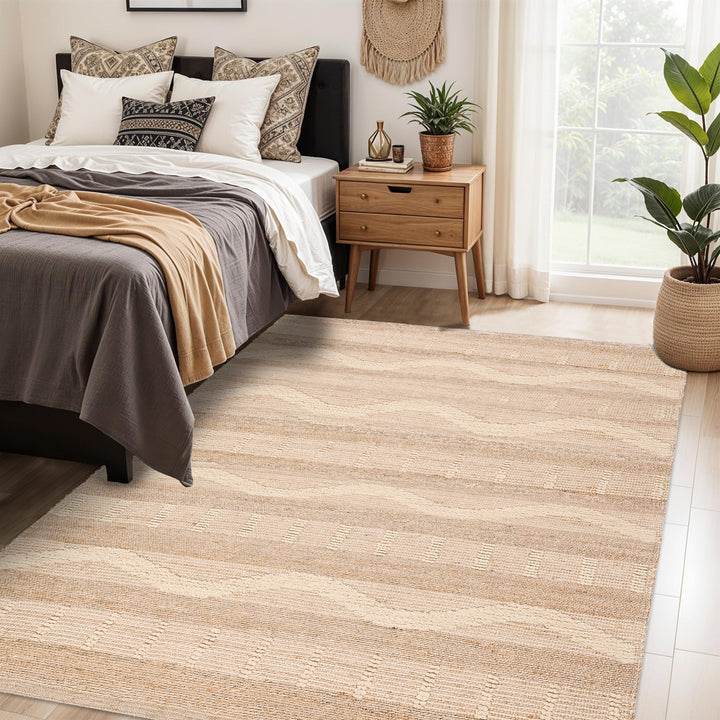 4modernhome Jute & Wool Hand Braided Natural Fibers High-Low Pile Farmhouse Style Area Rug In Off White/Natural For Dining Room, Living Room, Kitchen #DT24
