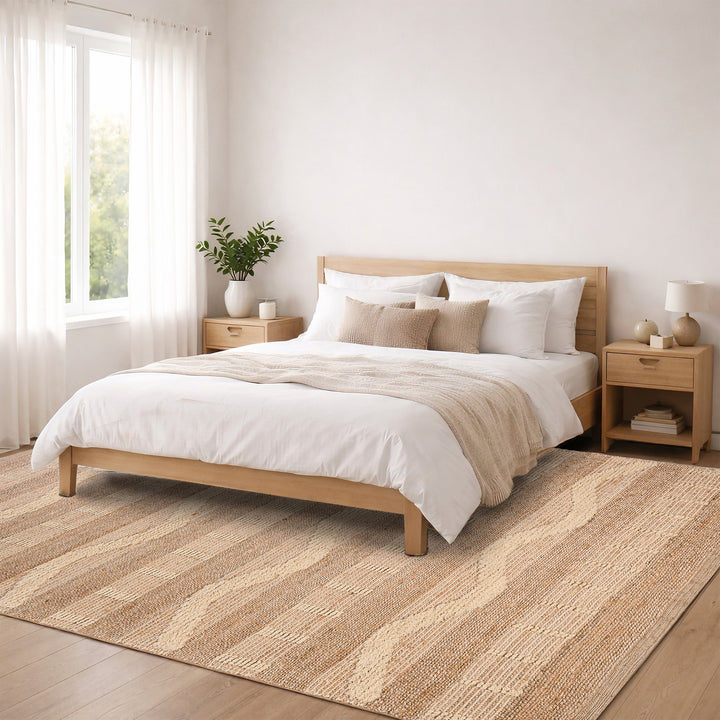 4modernhome Jute & Wool Hand Braided Natural Fibers High-Low Pile Farmhouse Style Area Rug In Off White/Natural For Dining Room, Living Room, Kitchen #DT24