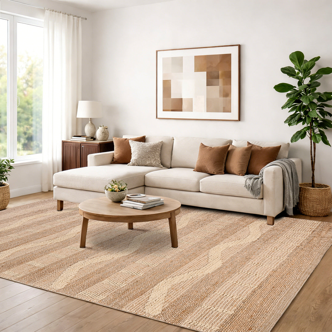 4modernhome Jute & Wool Hand Braided Natural Fibers High-Low Pile Farmhouse Style Area Rug In Off White/Natural For Dining Room, Living Room, Kitchen #DT24
