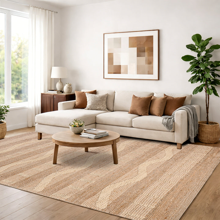 4modernhome Jute & Wool Hand Braided Natural Fibers High-Low Pile Farmhouse Style Area Rug In Off White/Natural For Dining Room, Living Room, Kitchen #DT24