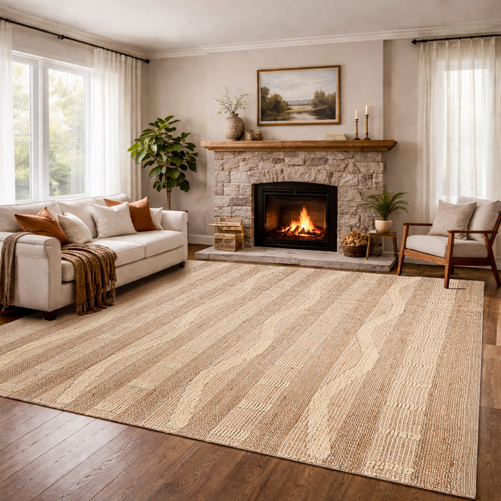 4modernhome Jute & Wool Hand Braided Natural Fibers High-Low Pile Farmhouse Style Area Rug In Off White/Natural For Dining Room, Living Room, Kitchen #DT24
