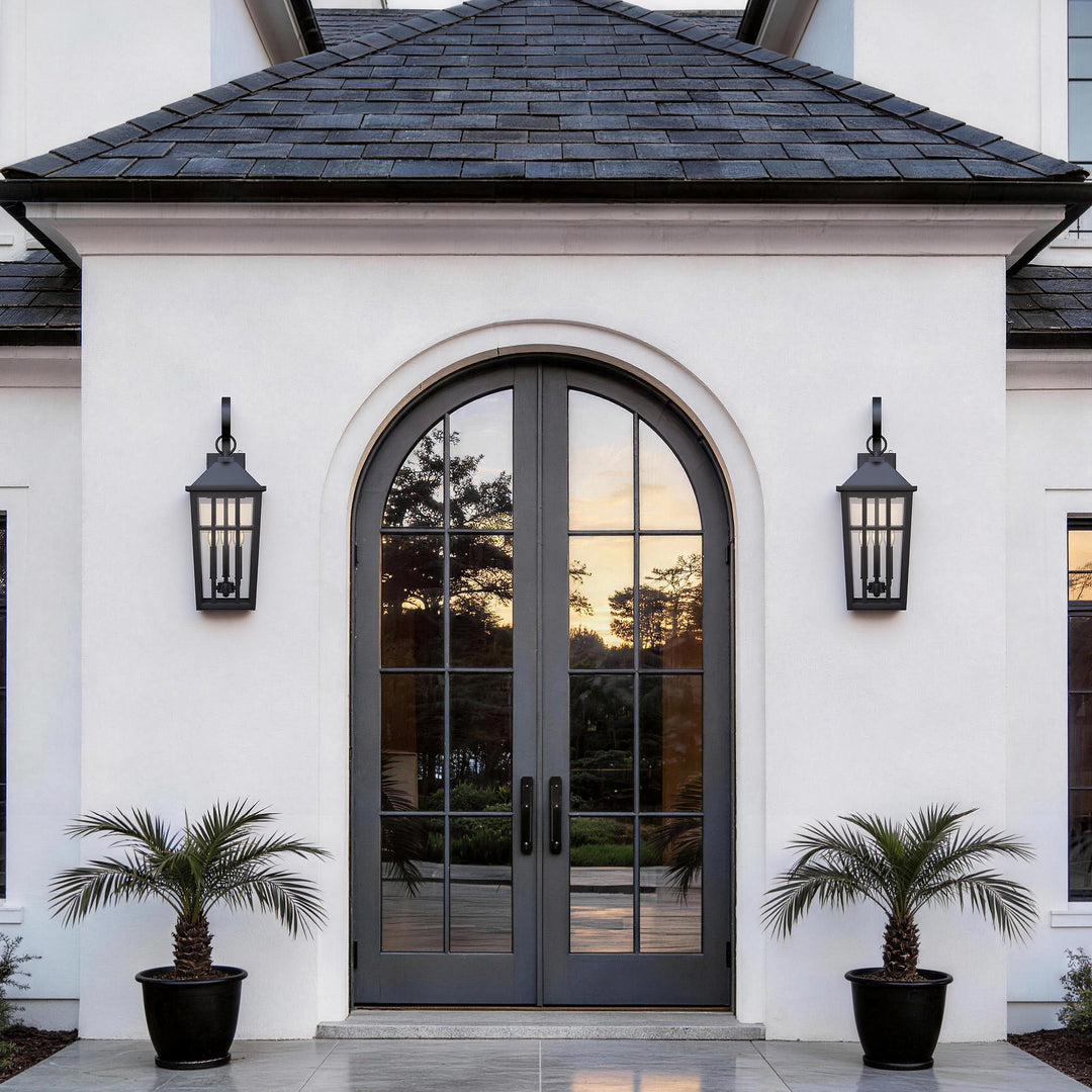 Solstice 12.6''H Black Iron Clear Tempered Glass Outdoor Wall Light with Dusk to Dawn and Built-In GFCI Outlet (Set of 2) #OW7118