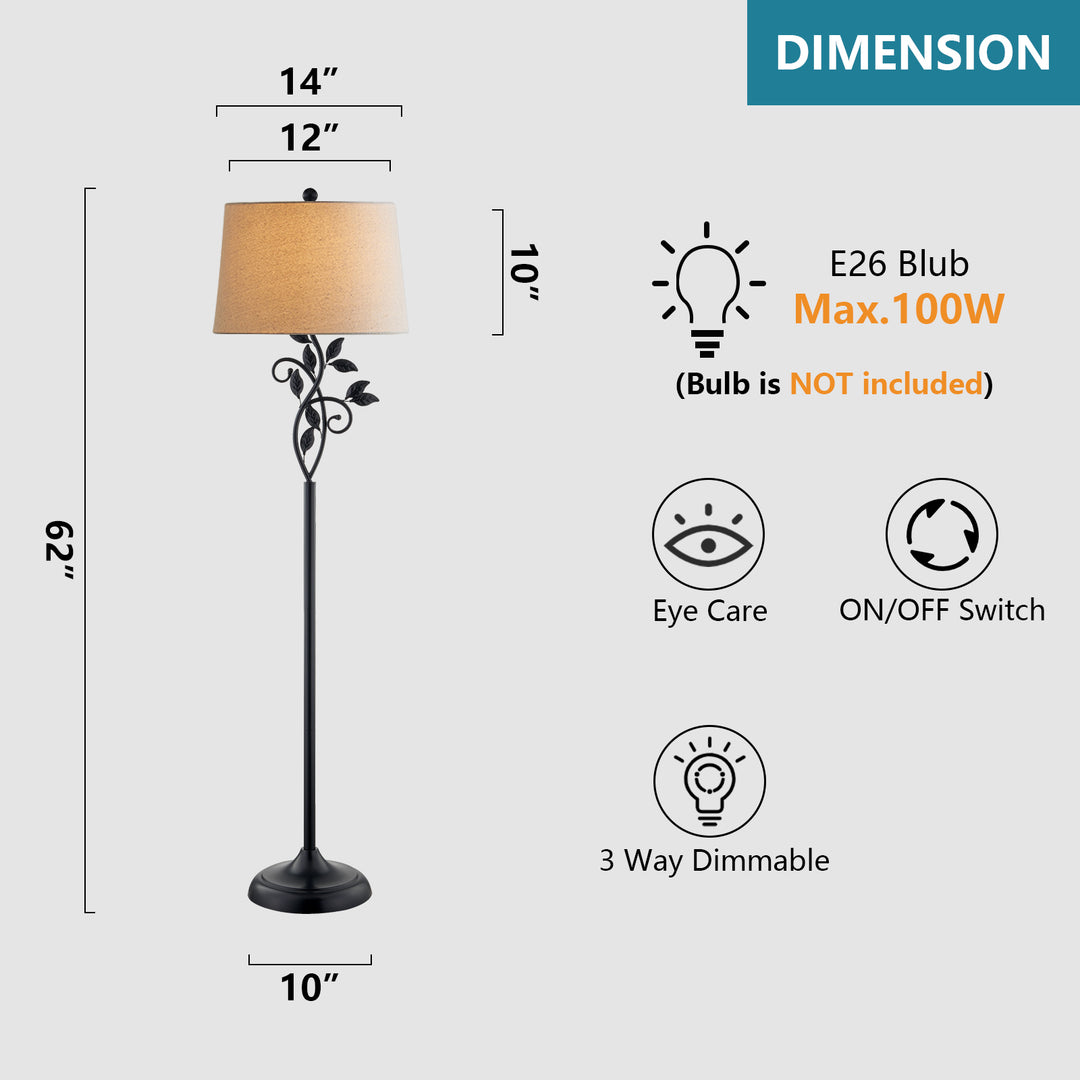 62" Farmhouse Iron Floor Lamp with 3 Way Dimmable Rotary Switch Standing Lamp for Living Room Bedroom #F04