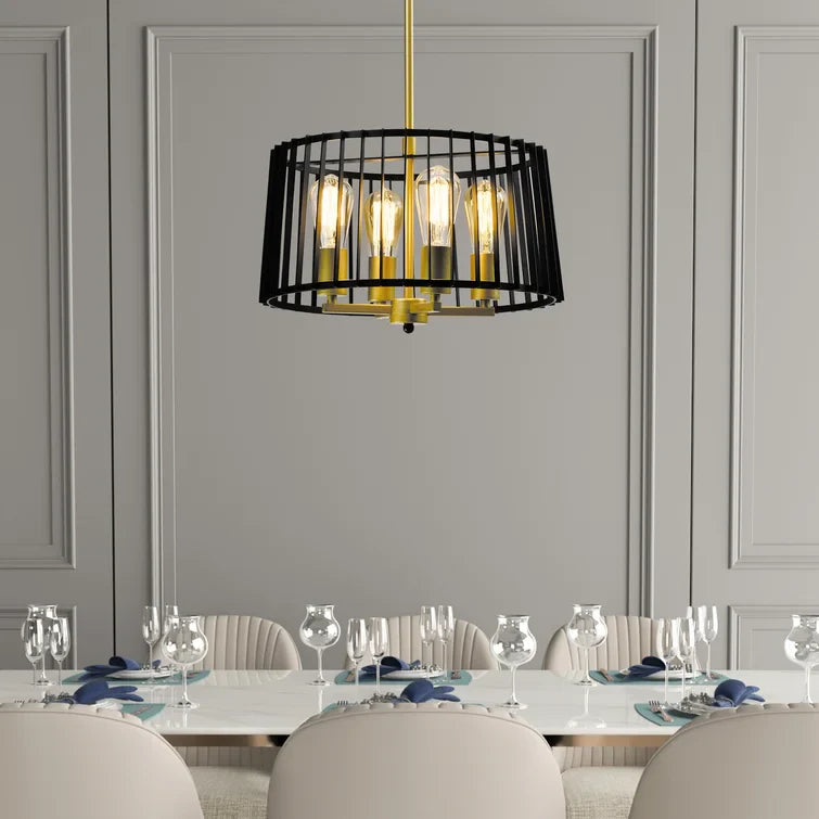MAXAX 4 - Light Lantern&Candle Style Drum Black/Gold Pendant With Wrought Iron Accents#MX2034-P4BG