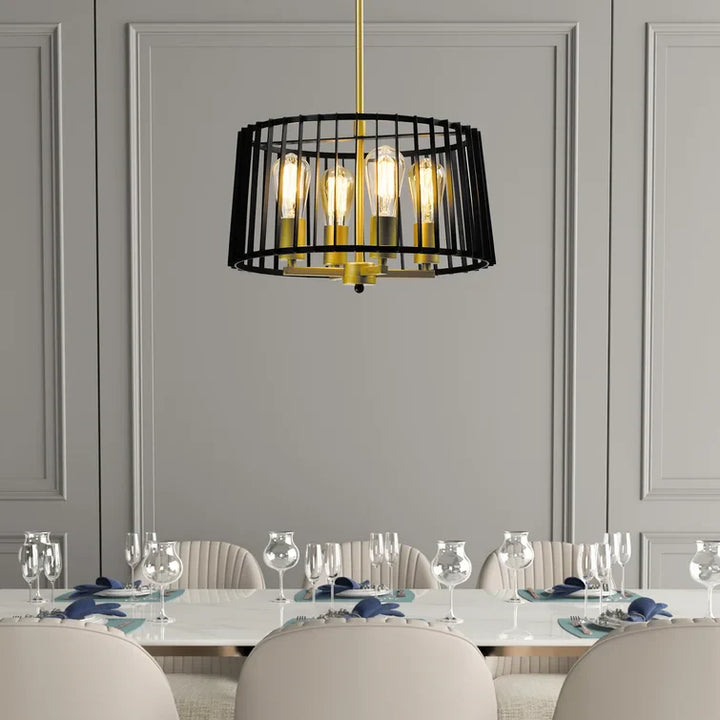 MAXAX 4 - Light Lantern&Candle Style Drum Black/Gold Pendant With Wrought Iron Accents#MX2034-P4BG