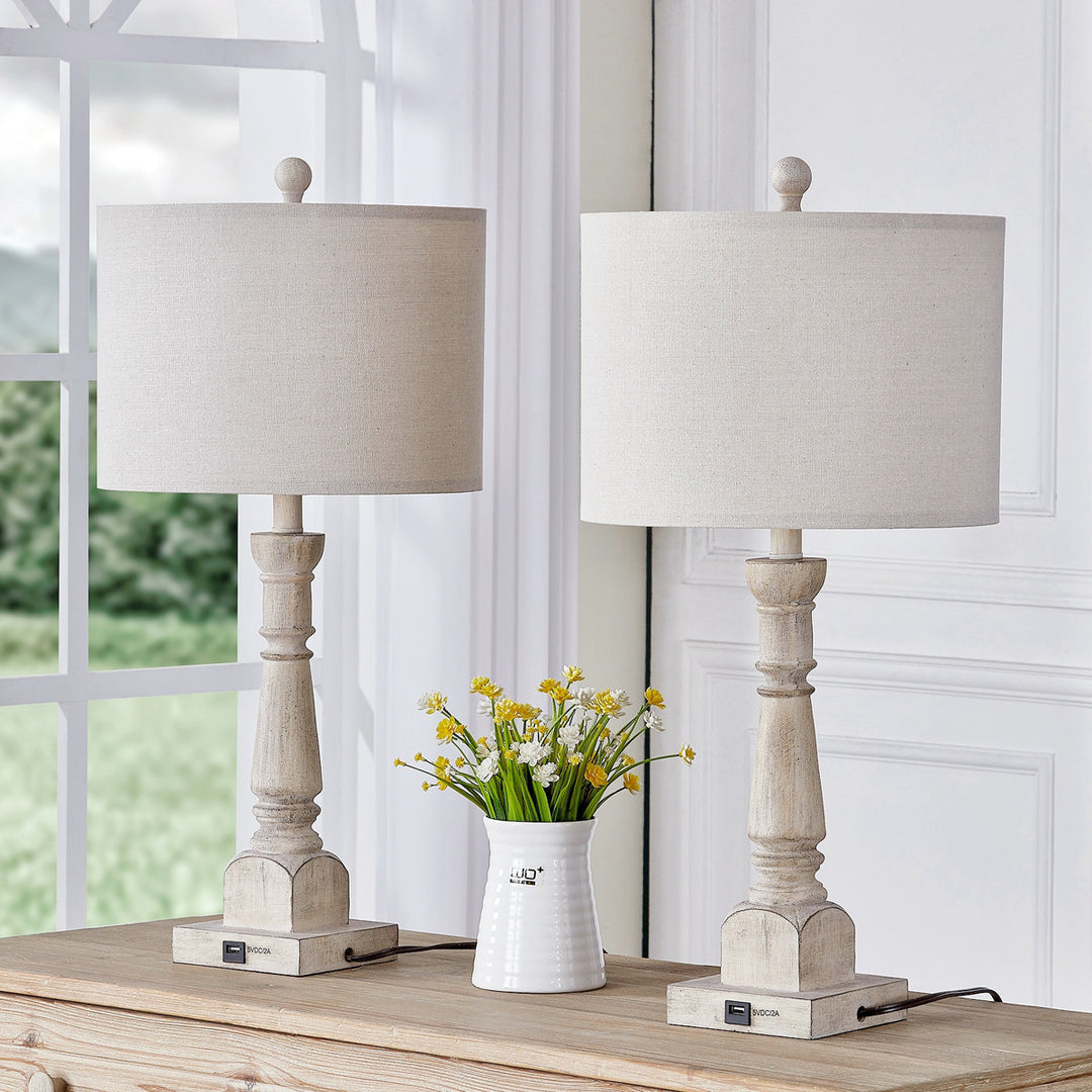 27 in. Brown Traditional Dimmable Resin For Bedroom Living Room Bedside Desk Nightstand Tall Table Lamp With Linen Drum Shade And USB Port #T195