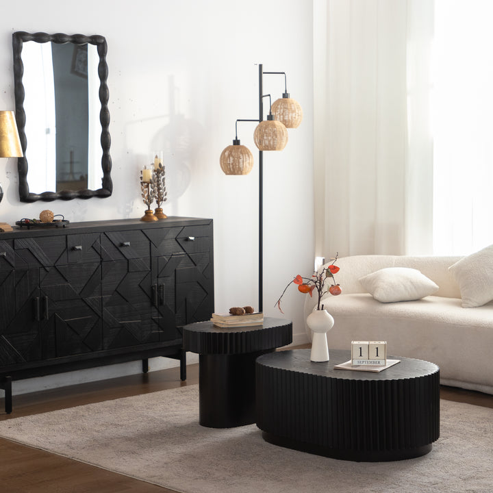 Timeless 2-Piece Mid-Century Modern Coffee Table Set with Oval Drum Coffee Table & Round Pedestal Side Table, Walnut Brown #25037