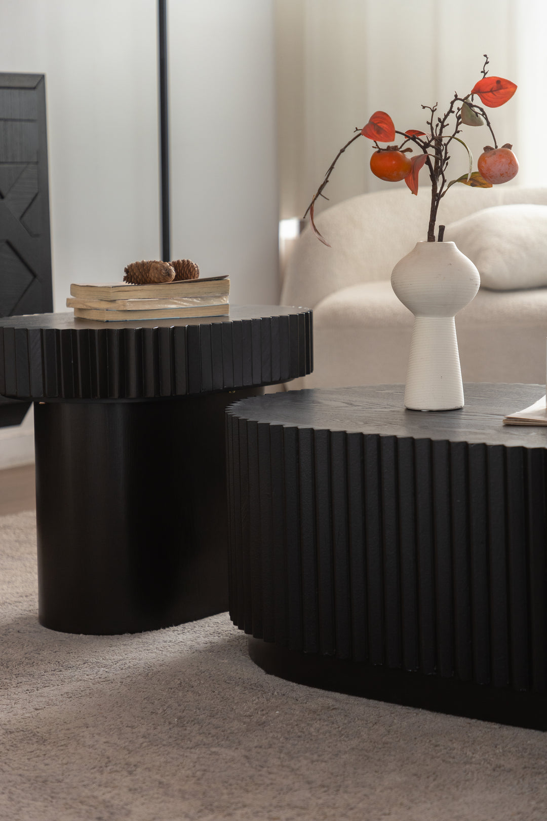 Timeless 2-Piece Mid-Century Modern Coffee Table Set with Oval Drum Coffee Table & Round Pedestal Side Table, Walnut Brown #25037