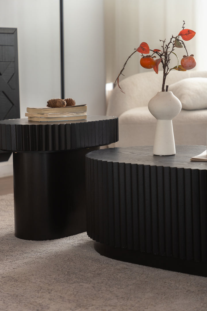 Timeless 2-Piece Mid-Century Modern Coffee Table Set with Oval Drum Coffee Table & Round Pedestal Side Table, Walnut Brown #25037